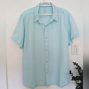 Linen Blend Men's Short Sleeve Button Down Shirt Blue Size XL